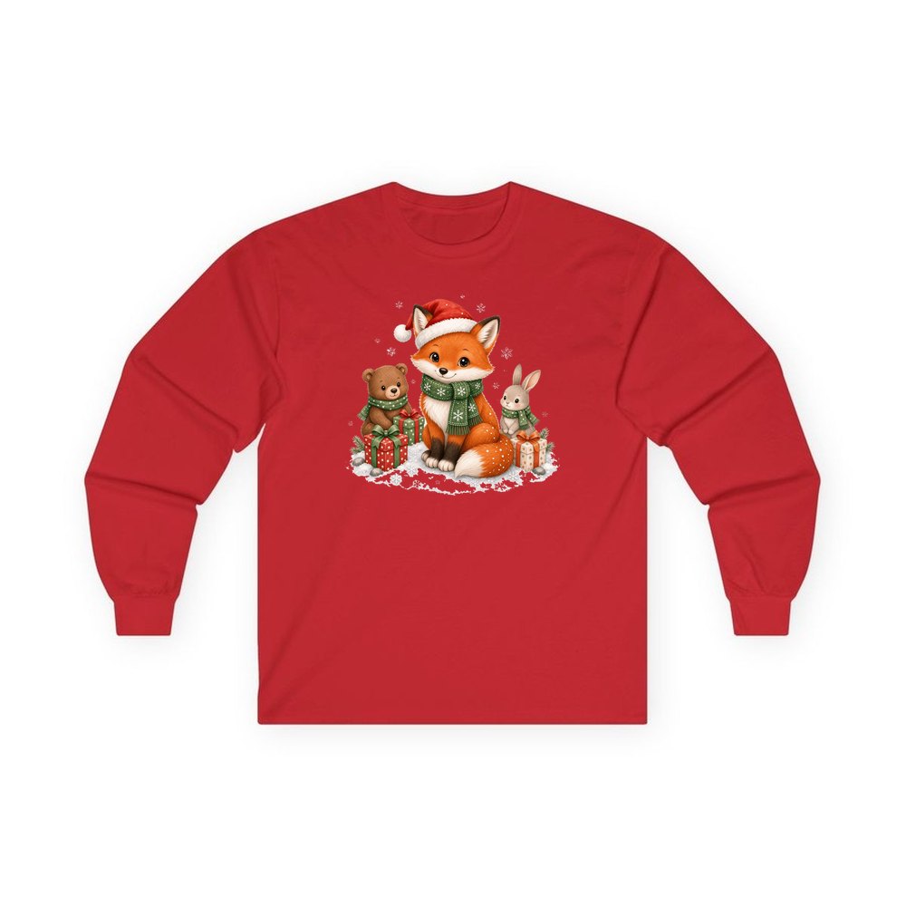 Woodland Friends Christmas Presents personalised long sleeve Christmas T-shirt in red
