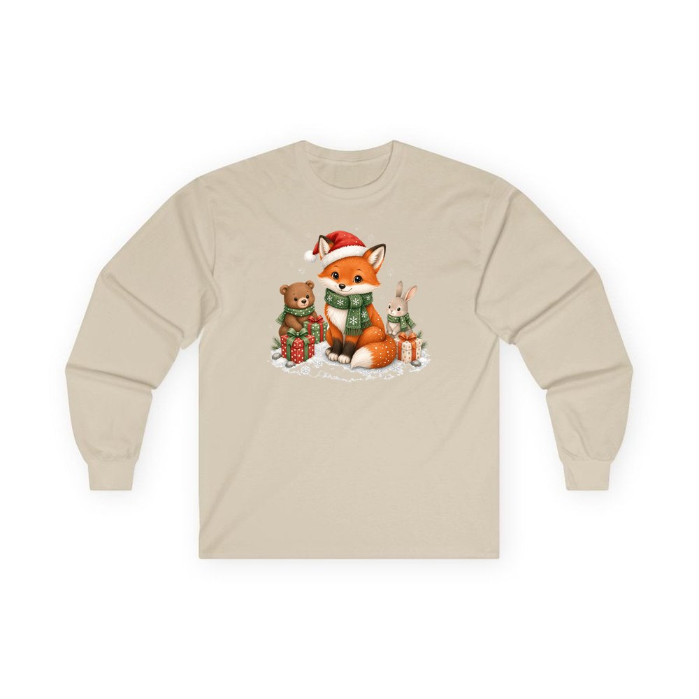 Woodland Friends Christmas Presents personalised long sleeve Christmas T-shirt in sand