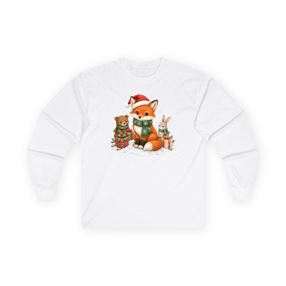 Woodland Friends Christmas Presents personalised long sleeve Christmas T-shirt in white