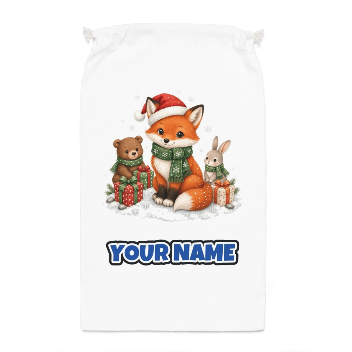 Woodland Friends Christmas Presents Santa sack laid flat, showing the full print