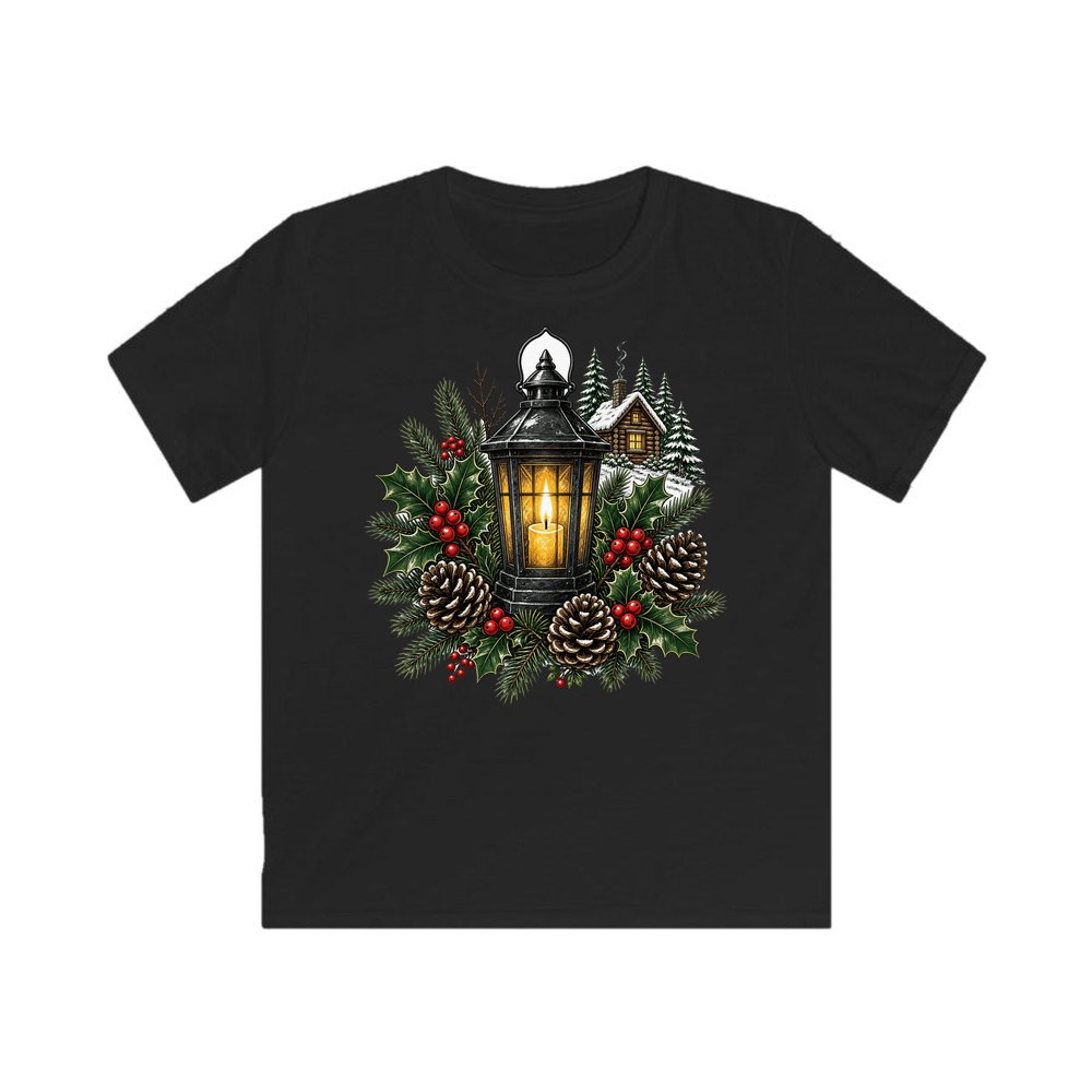 Woodland Lantern And Pinecones personalised kids Christmas tee in black