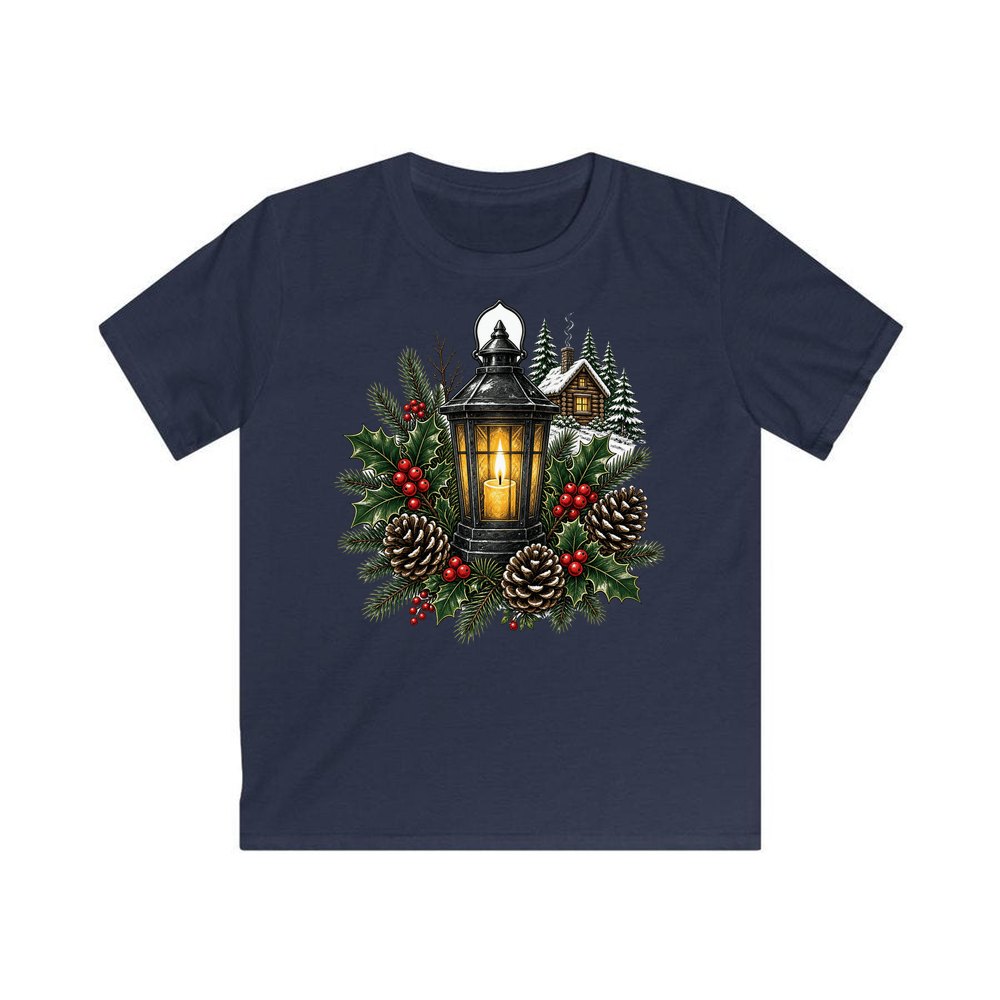 Woodland Lantern And Pinecones personalised kids Christmas tee in navy