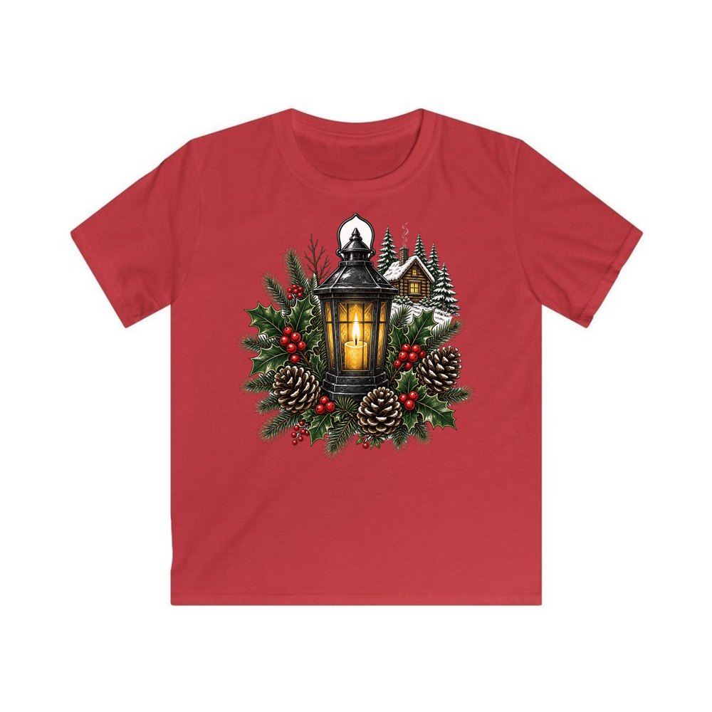 Woodland Lantern And Pinecones personalised kids Christmas tee in red