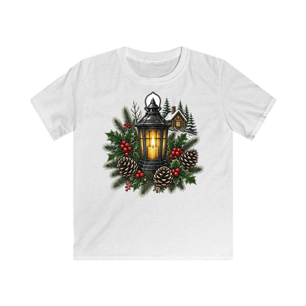 Woodland Lantern And Pinecones personalised kids Christmas tee in white