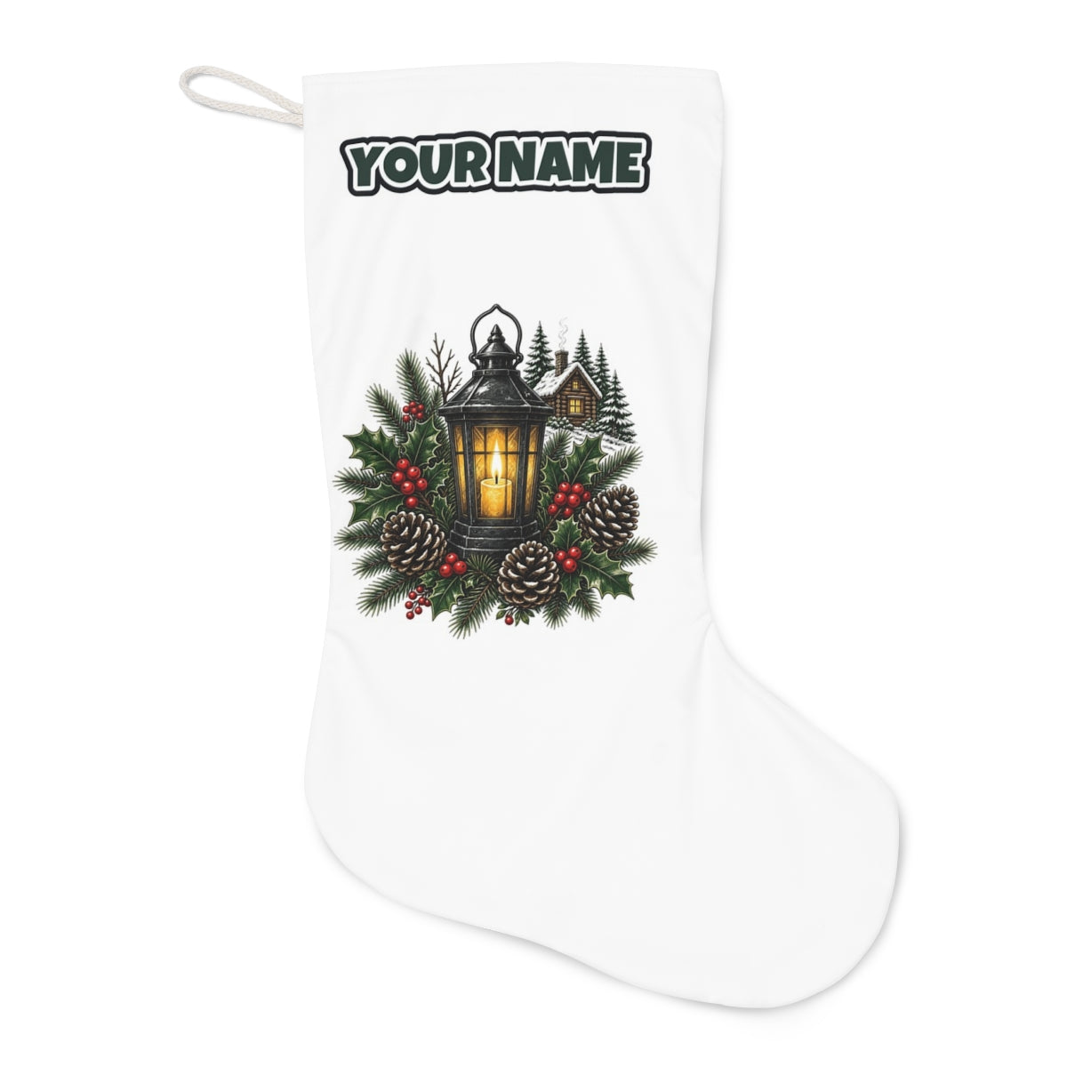 Woodland Lantern And Pinecones Christmas stocking laid flat, showing the full print