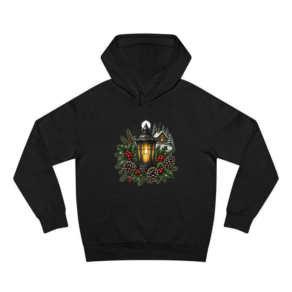 Woodland Lantern And Pinecones personalised Christmas hoodie in black