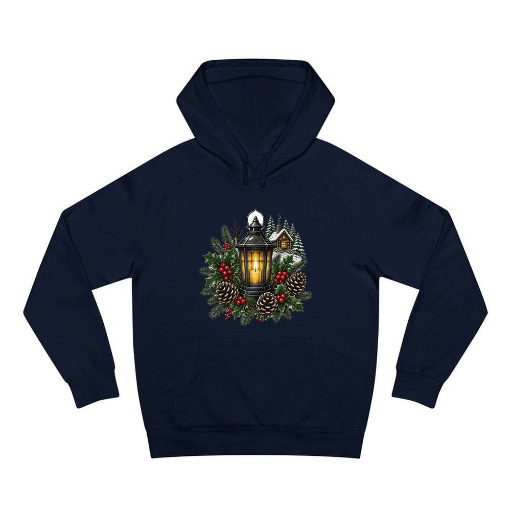 Woodland Lantern And Pinecones personalised Christmas hoodie in navy