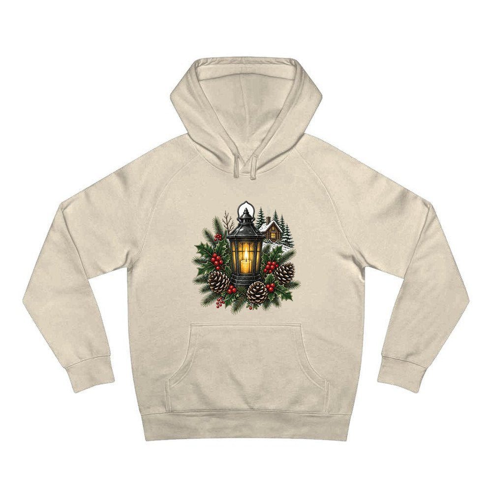Woodland Lantern And Pinecones personalised Christmas hoodie in sand
