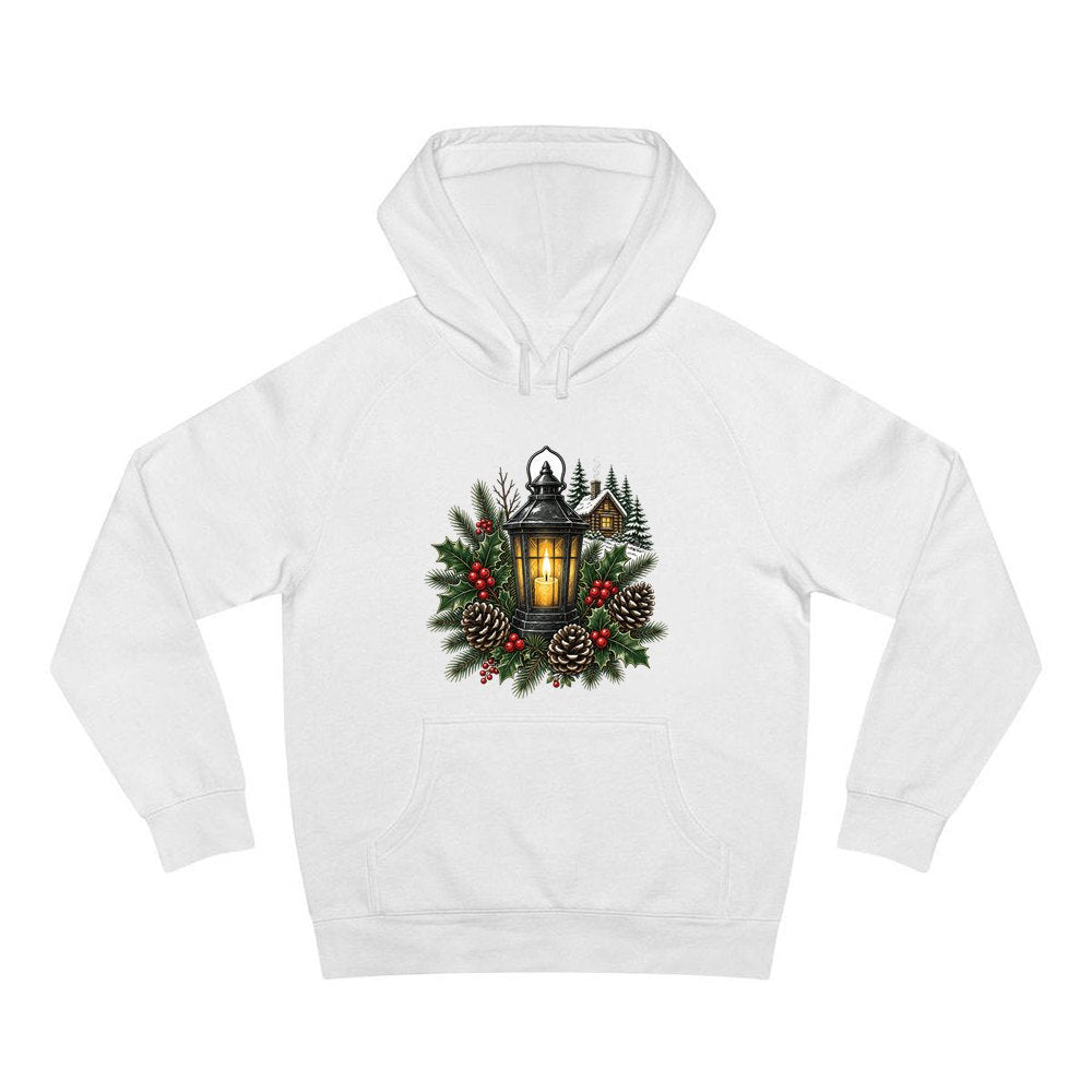 Woodland Lantern And Pinecones personalised Christmas hoodie in white