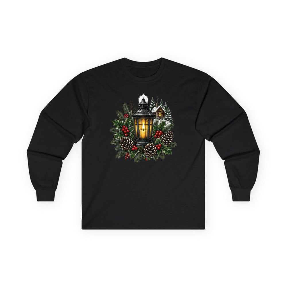 Woodland Lantern And Pinecones personalised long sleeve Christmas T-shirt in black