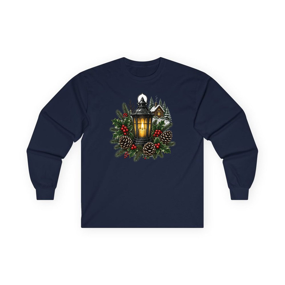 Woodland Lantern And Pinecones personalised long sleeve Christmas T-shirt in navy
