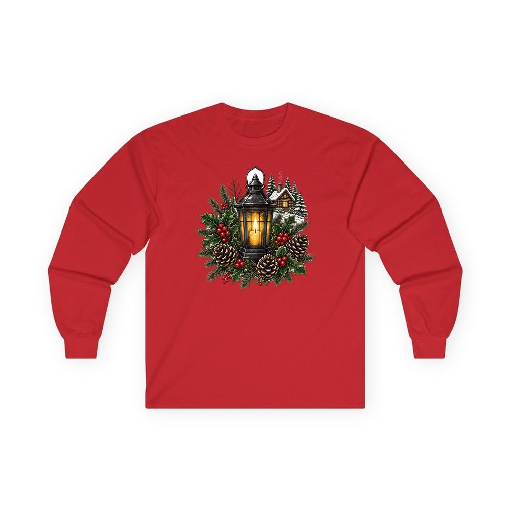 Woodland Lantern And Pinecones personalised long sleeve Christmas T-shirt in red