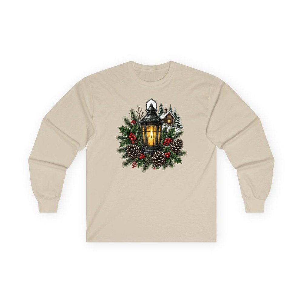 Woodland Lantern And Pinecones personalised long sleeve Christmas T-shirt in sand