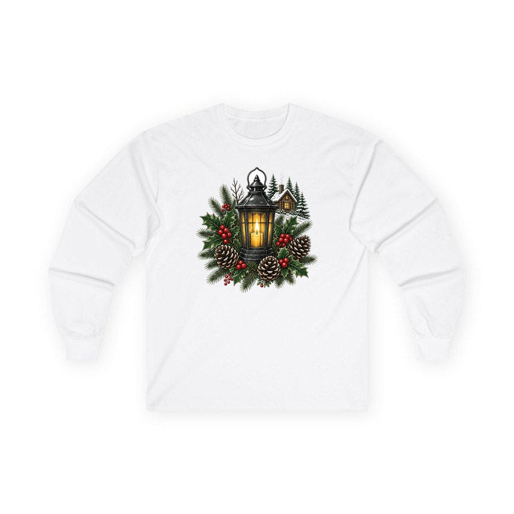 Woodland Lantern And Pinecones personalised long sleeve Christmas T-shirt in white