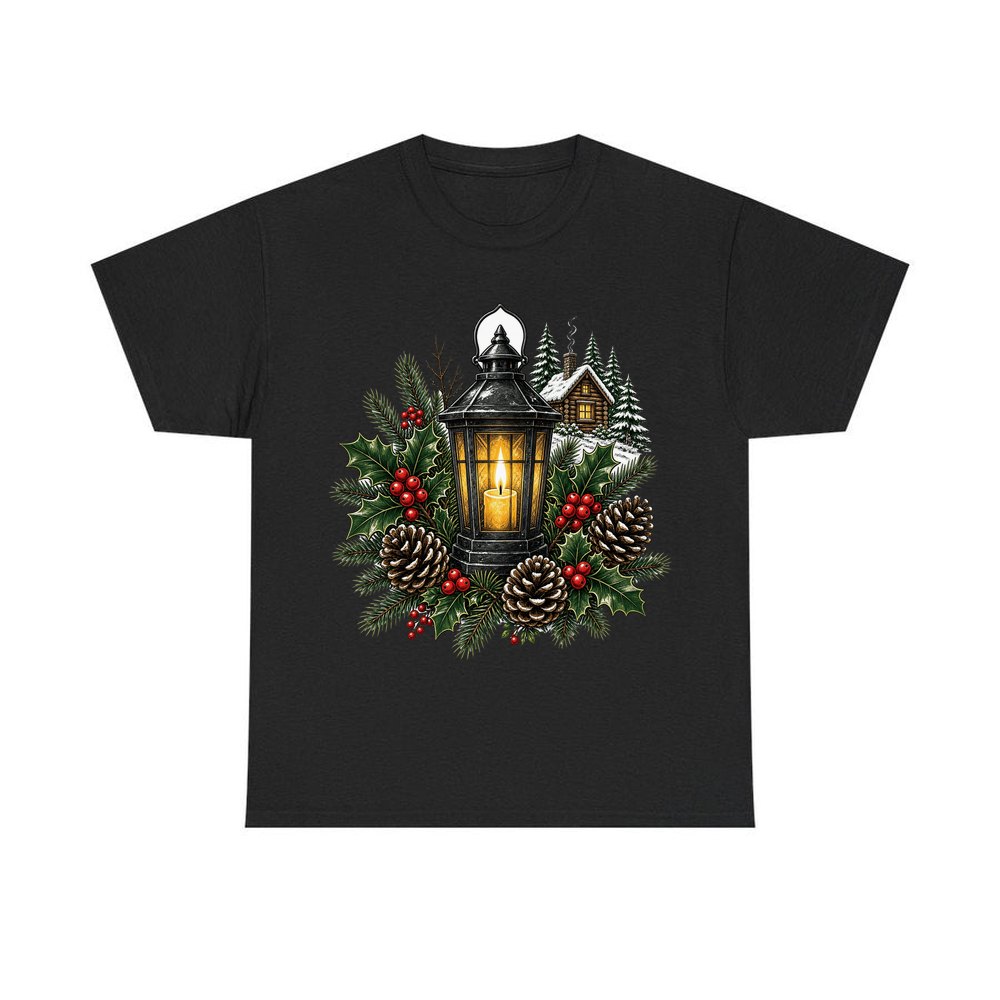 Woodland Lantern And Pinecones personalised Christmas T-shirt in black