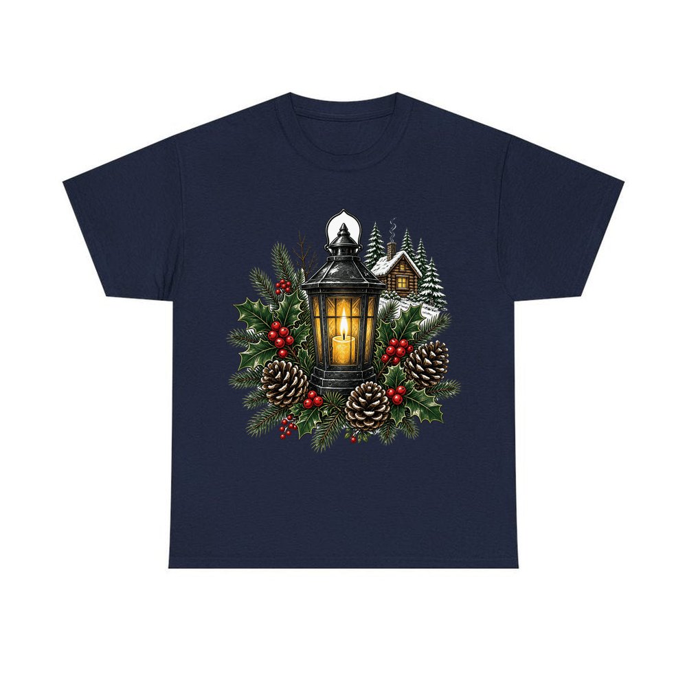 Woodland Lantern And Pinecones personalised Christmas T-shirt in navy