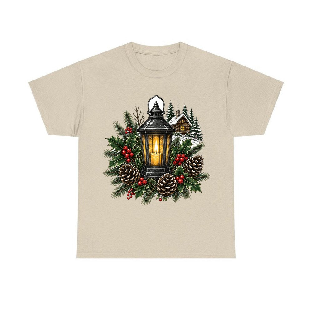 Woodland Lantern And Pinecones personalised Christmas T-shirt in sand
