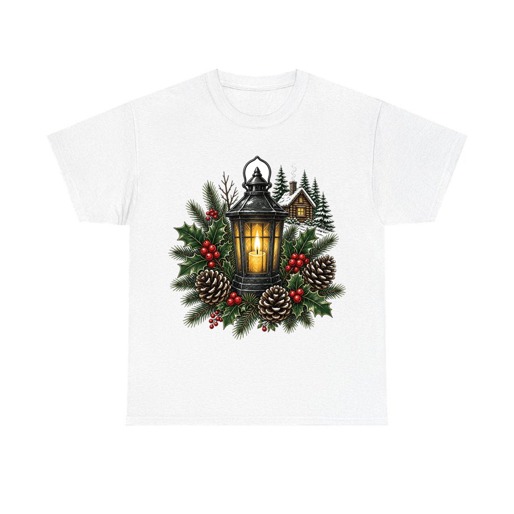 Woodland Lantern And Pinecones personalised Christmas T-shirt in white