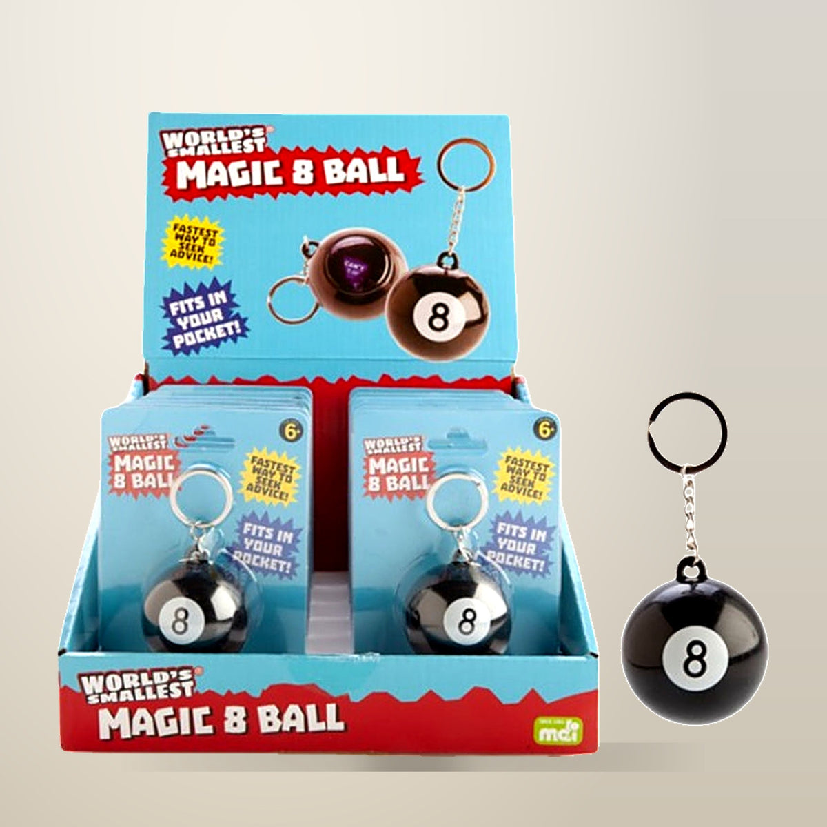 World's Smallest Magic 8 Ball Toy, on a plain cream background
