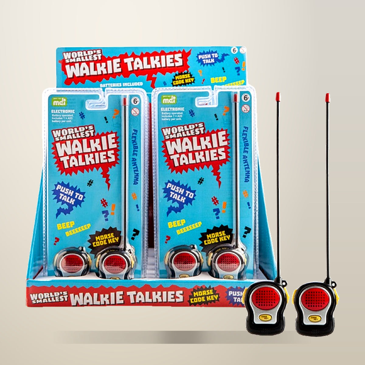 World's Smallest Walkie Talkies, on a plain cream background