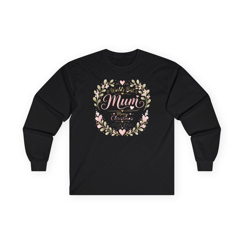 World's Best Mum Wreath personalised long sleeve Christmas T-shirt in black