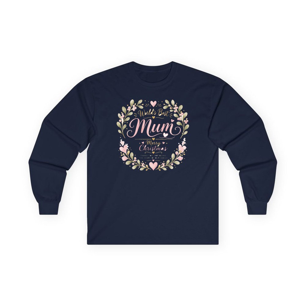 World's Best Mum Wreath personalised long sleeve Christmas T-shirt in navy