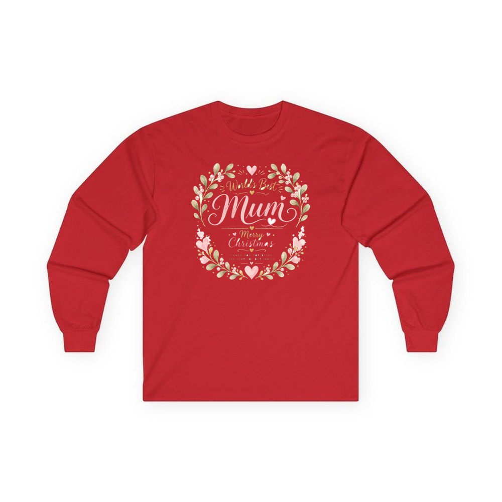 World's Best Mum Wreath personalised long sleeve Christmas T-shirt in red