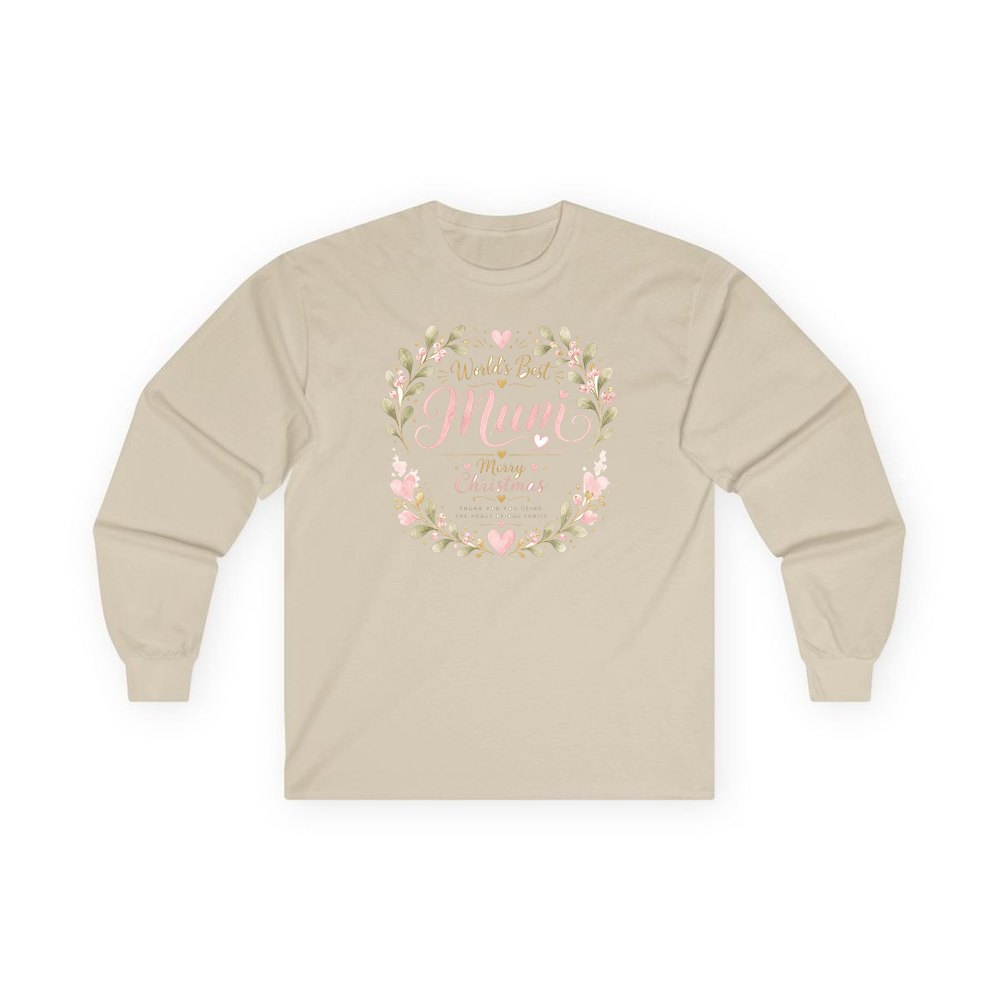 World's Best Mum Wreath personalised long sleeve Christmas T-shirt in sand