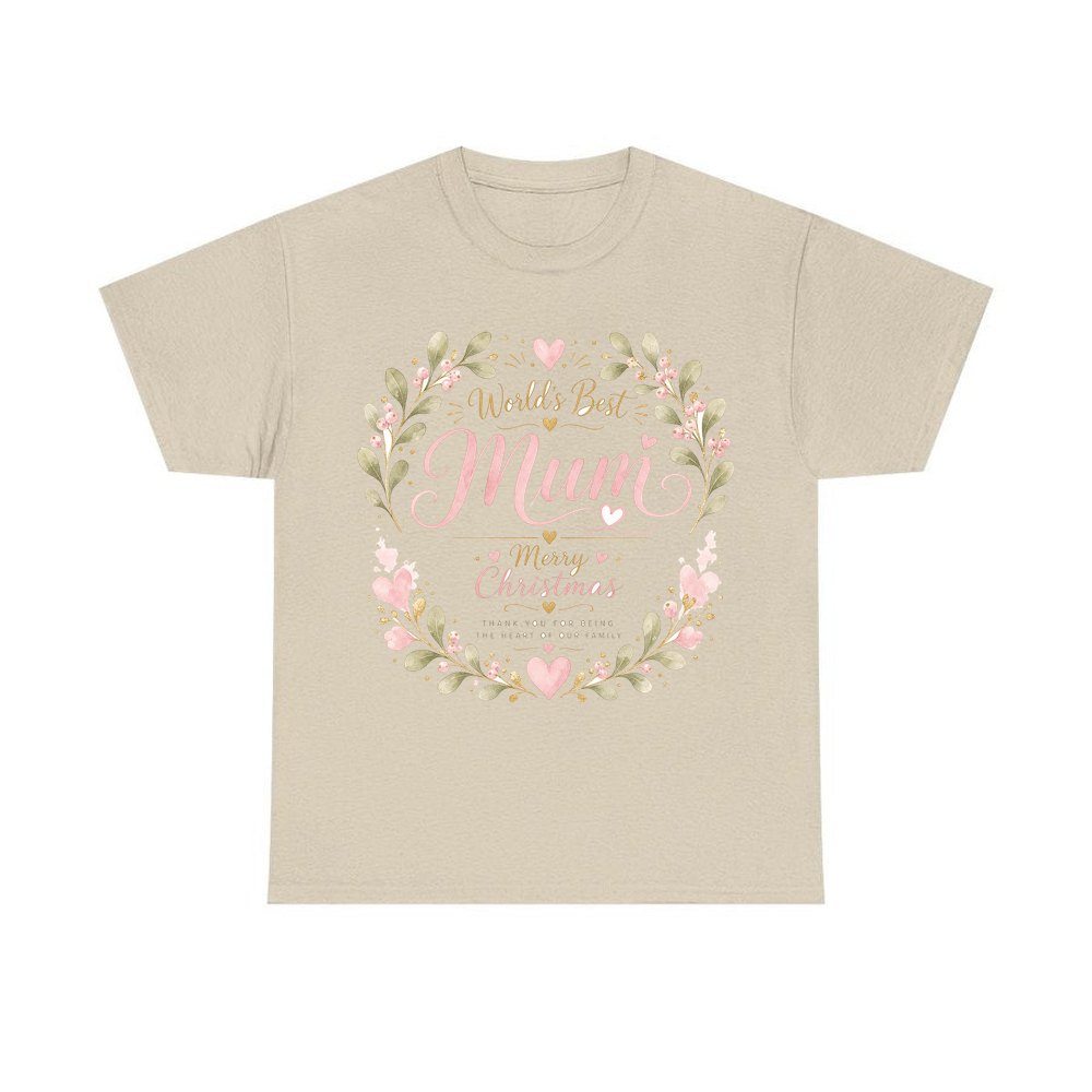 World's Best Mum Wreath personalised Christmas T-shirt in sand