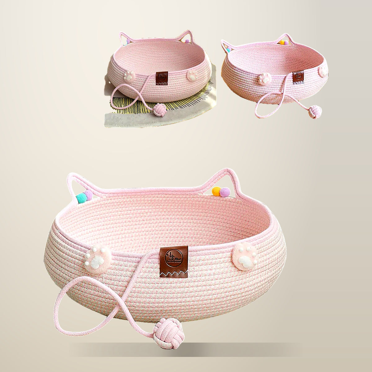 Aimall Hand Woven Cat Nest, Cotton and Hemp Rope, 40 x 14 cm, on a plain cream background