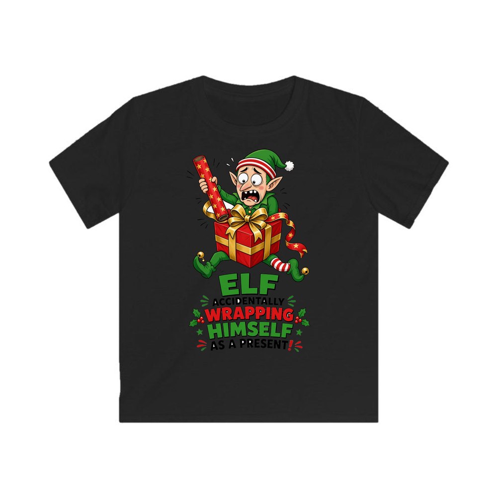 Wrapped Himself As A Present personalised kids Christmas tee in black