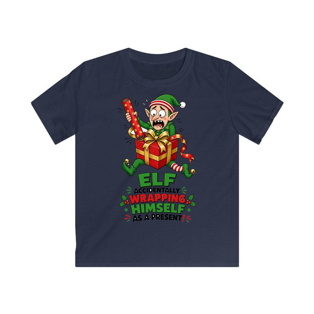 Wrapped Himself As A Present personalised kids Christmas tee in navy
