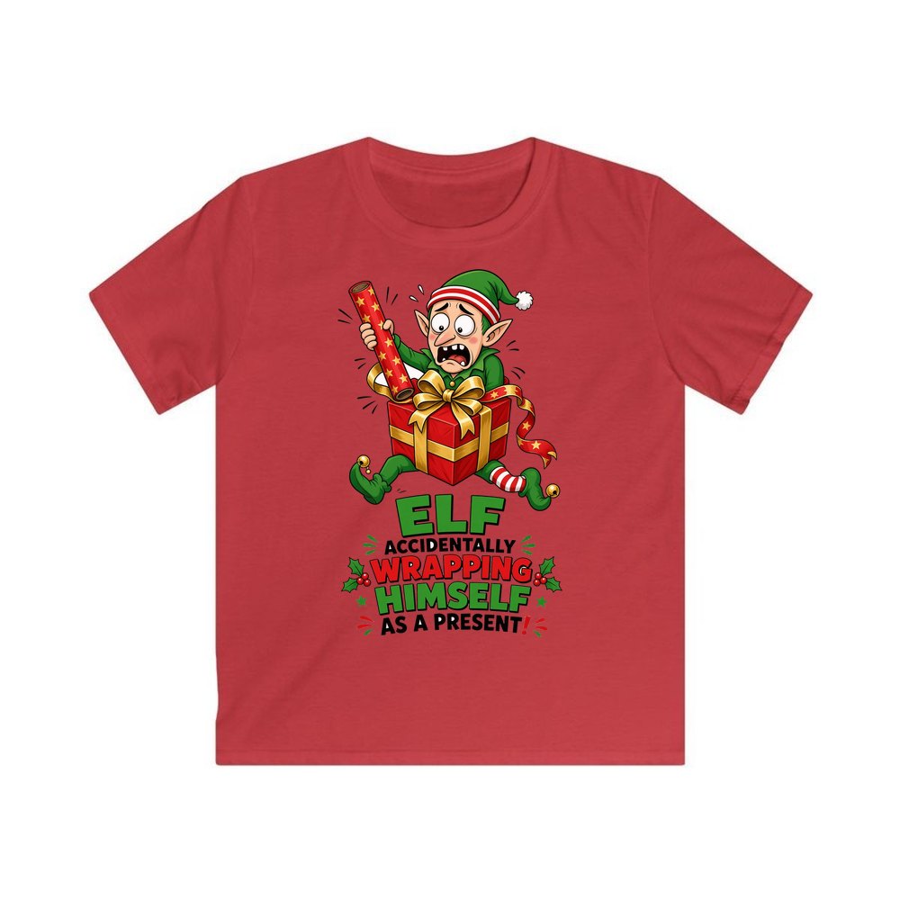 Wrapped Himself As A Present personalised kids Christmas tee in red