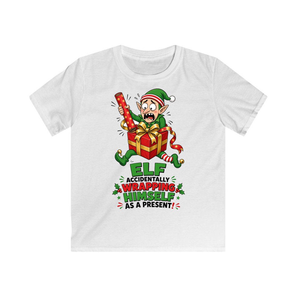 Wrapped Himself As A Present personalised kids Christmas tee in white