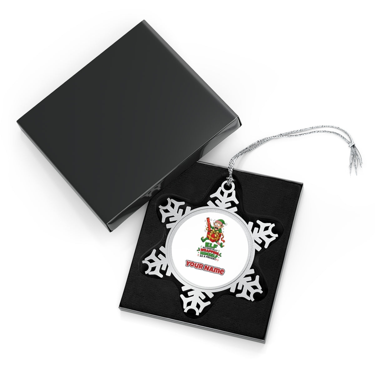 Wrapped Himself As A Present Personalised Pewter Christmas Ornament