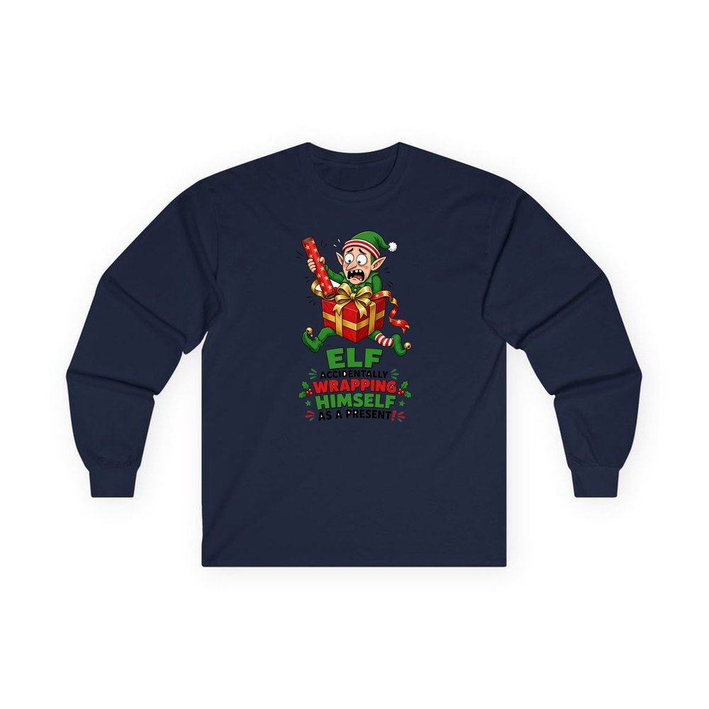 Wrapped Himself As A Present personalised long sleeve Christmas T-shirt in navy