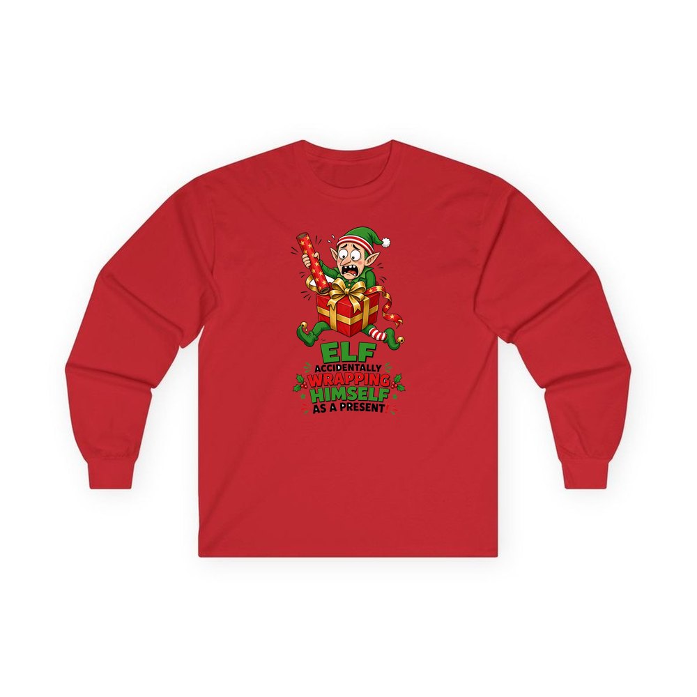 Wrapped Himself As A Present personalised long sleeve Christmas T-shirt in red