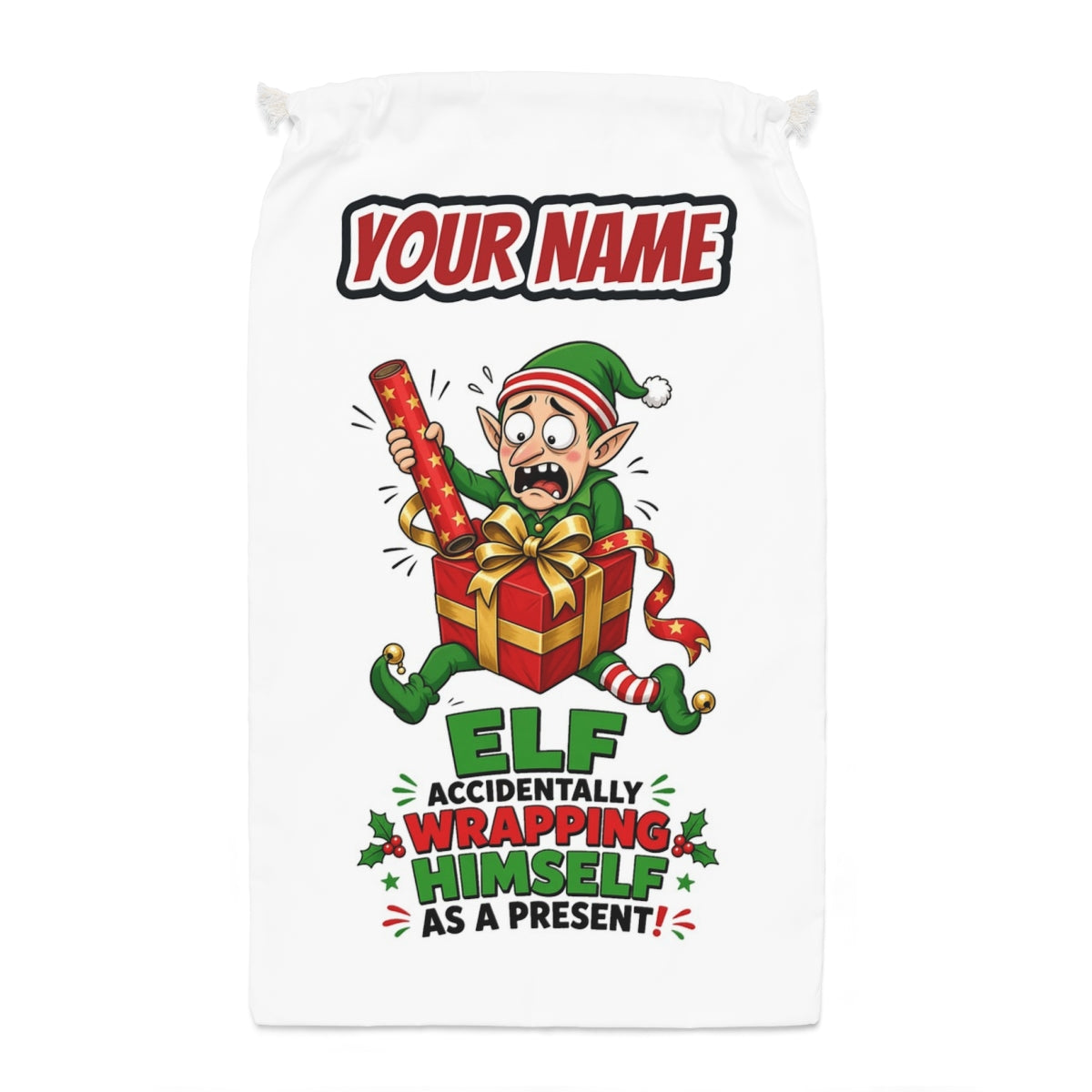 Wrapped Himself As A Present Santa sack laid flat, showing the full print