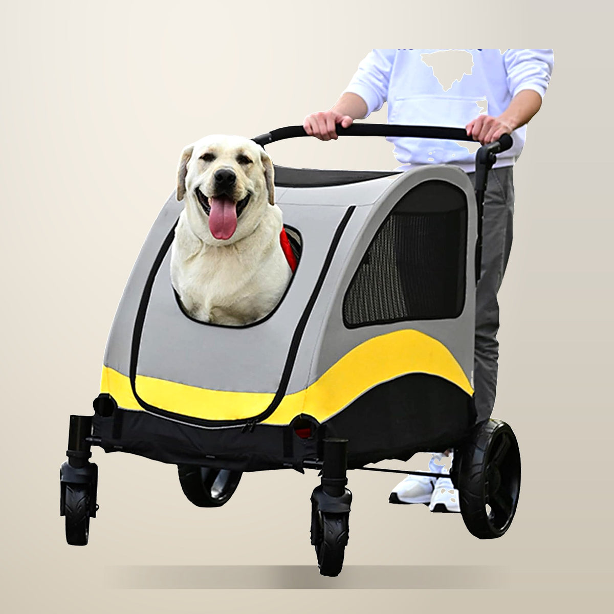 GENUX XL Dog Stroller, Foldable, Front and Back Doors, on a plain cream background