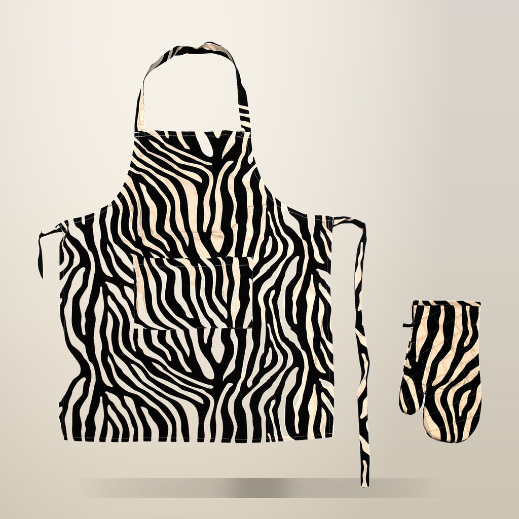 Zebra Stripe Cotton Kitchen Set of 3, Apron, Glove and Pot Holder, on a plain cream background